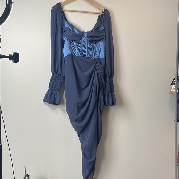 PrettyLittleThing Blue Asymmetrical Ruched Wrap Gown - Picture 4 of 12